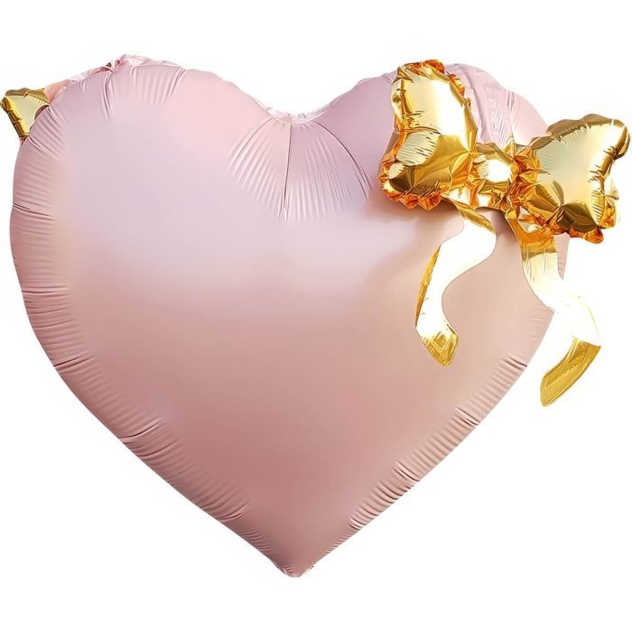 Matte Pink Heart With Golden Bow Balloon · 22"